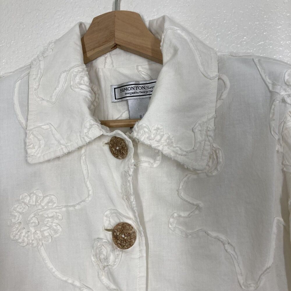 SIMONTON Says Jacket Womens Small White Cotton Floral Embroidered Boho Textured - Picture 10 of 16